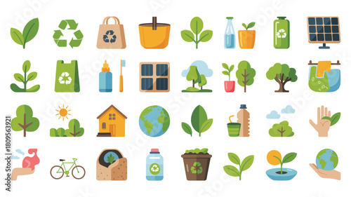 Eco Friendly Lifestyle Green Energy and Sustainability Icons Flat Vector Design