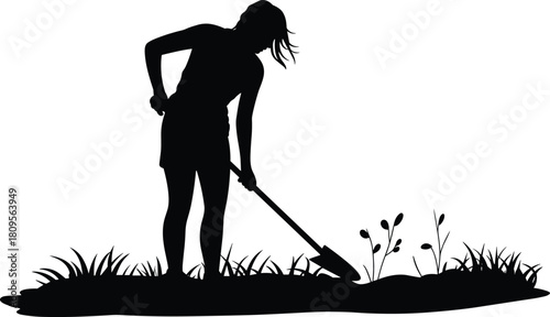 Silhouette of woman digging ground with shovel, gardening concept, agriculture work, planting trees in nature, black vector illustration isolated on white