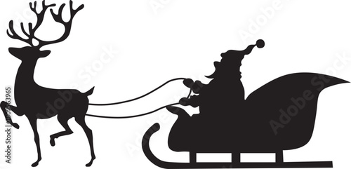 Black silhouette of santa claus riding a reindeer pulled sleigh