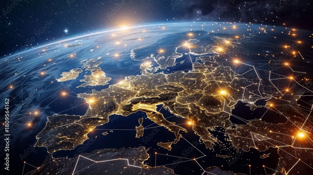 Fototapeta premium Eu network mapping enhancing connectivity, data transfer, cyber tech, and business exchange