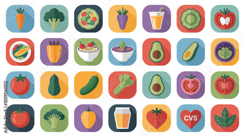 Healthy eating icons collection of colorful food and drink illustrations