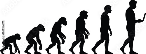 Silhouette of human evolution from ape to modern man with laptop, symbolizing technological progress, digital development, and future business growth