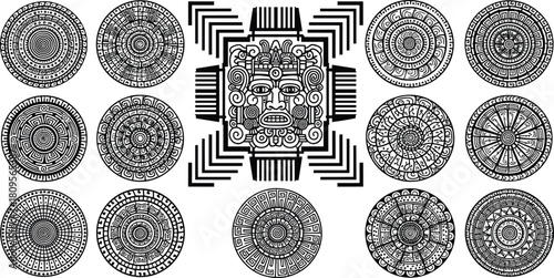 Flat vector Aztec calendar symbols, Mayan sun deity, tribal circular designs, ancient culture art, symmetrical motifs, black and white illustration