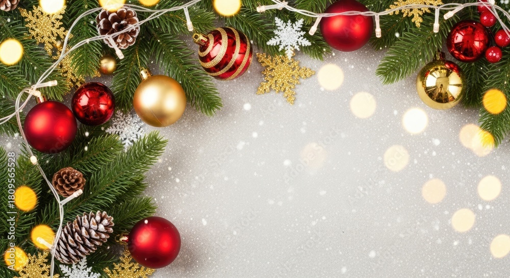 Naklejka premium Christmas tree branches adorned with red and gold ornaments and lights against a white background.