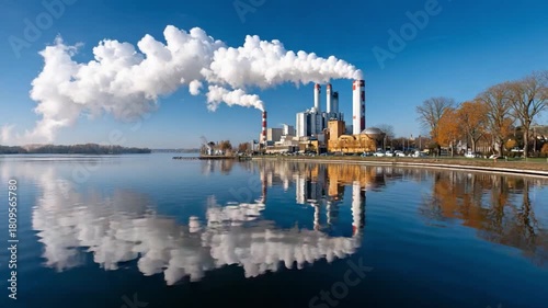 Industrial Skyline: A sprawling industrial complex exhales plumes of smoke into the sky, mirroring its image on the serene surface of a lake.
