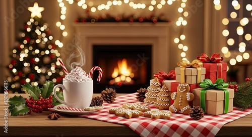 Christmas-themed table with hot cocoa, cookies, and presents in front of a fireplace and Christmas tree.