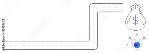 Road leading to a money bag symbolizing financial success, with decentralized finance elements. Ideal for investment, financial planning, DeFi, blockchain, fintech, savings economic growth. Simple