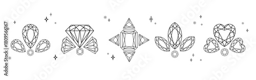 Set of geometric diamond and gemstone shapes icons in black and white line art style for jewelry design, logo, branding, packaging, fashion prints, and digital projects.Vector illustration