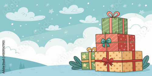 Vector christmas illustration of stacked christmas presents with bows in a wintery scene with clouds and stars design