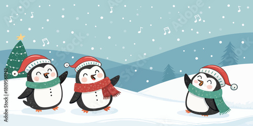 Vector christmas three cartoon penguins wearing santa hats and scarves singing christmas carols in a snowy winter scene