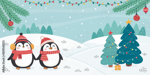 Vector christmas two penguins holding hands in a snowy landscape with christmas trees and festive decorations hanging above