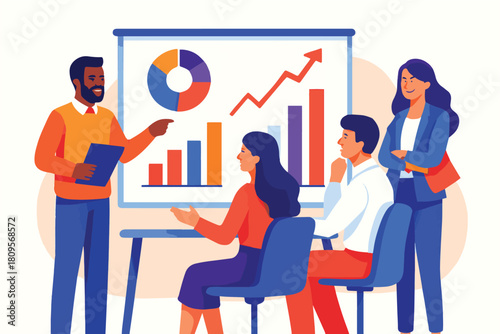 Business meeting with presentation on a chart board showing growth and analytics in a conference room with diverse people