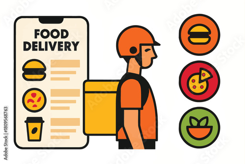 Food Delivery Service with Mobile App, Rider and Food Icons, Vector Illustration