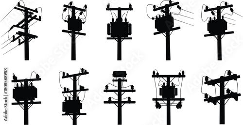 Vector silhouette set of electric utility poles, transformers, and overhead power lines for industrial energy distribution grid.