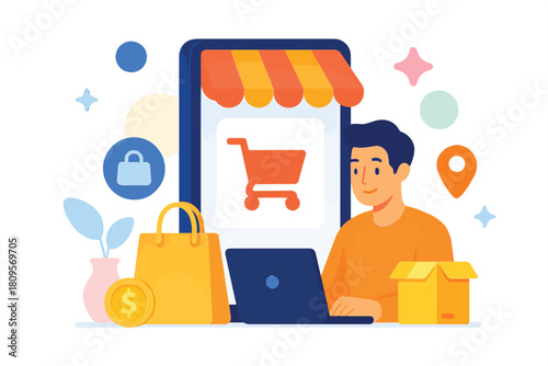 Online shopping illustration featuring a person using a laptop and phone with shopping bags and a delivery box