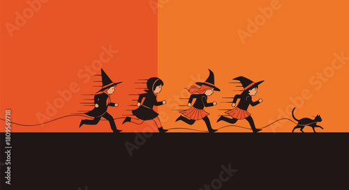 Spooky fun run! Kids dressed as witches race with a black cat on Halloween night, perfect for festive invitations and seasonal promotions