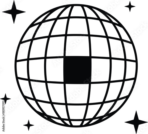 Stylized Black and White Disco Ball Vector Illustration with Sparkles, Perfect for Nightclub, Party Poster, Retro Music, and Celebration Graphics.