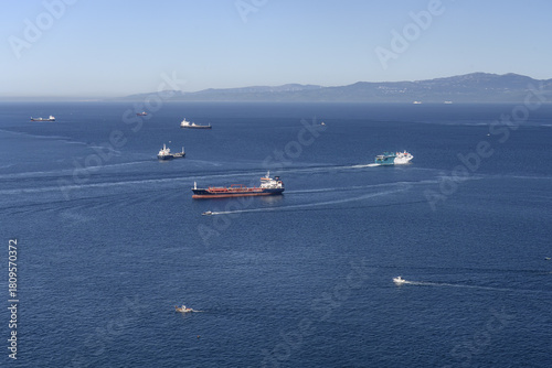 Cargo and passenger ships navigating the Strait of Gibraltar