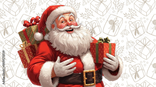 Illustration Of Joyful Santa Claus Holding A Gift With Presents On His Back And Gift Background
