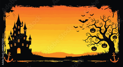 Spooky Halloween night backdrop featuring a haunted castle, bats flying, and pumpkin lanterns hanging from a gnarled tree against a glowing orange sky