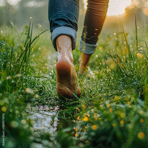 Barefoot walking in morning dew, close-up, wet feet and rolled jeans, lush green grass in sunlight, nature connection, carefree summer