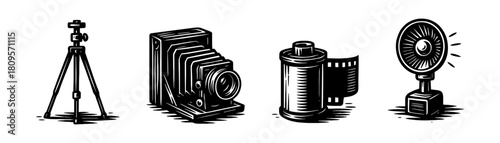 Photography equipment vintage style engraving icons, retro camera set