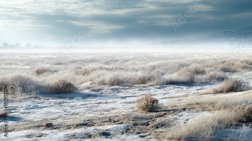 A vast desert landscape under a heavy clouded sky, with frost and sparse yellow shrubs covering the undulating ground, and distant mountains shrouded in mist creating a cold, silent winter atmosphere.