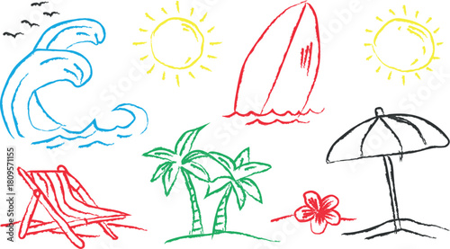Summer beach vacation doodle with surfboard palm trees waves sun and beach chair
