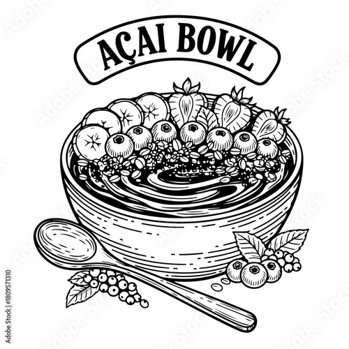 A black and white vintage-style illustration of a healthy açaí bowl topped with fresh fruit, granola, and berries.
