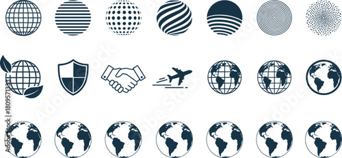 Vector Icon Set of Globe and Earth Concepts Featuring Global Business, Security, Partnership, Logistics, and Environmental Themes in Dark Blue Monochromatic Style.
