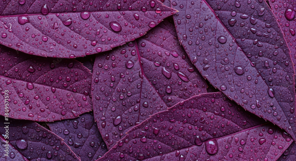 Fototapeta premium Dew covered purple leaves overlapping in a natural pattern with water droplets creating a textured botanical background