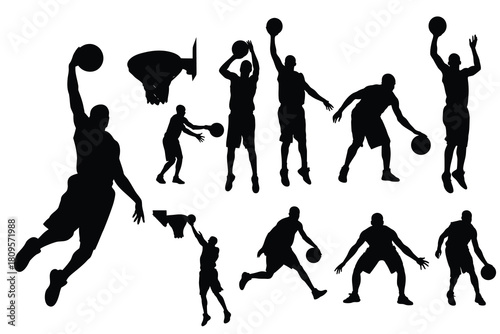Set of Basketball Player Silhouettes in Action Poses like Dunking, Shooting, and Dribbling Figures Vector