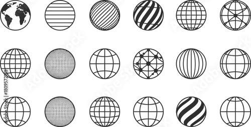 Vector set of abstract and geographical sphere symbols, featuring line-work, stripes, grids, and dot patterns for various design applications.