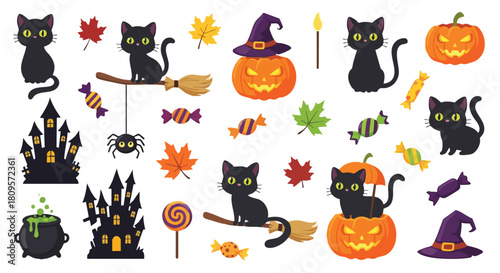 Celebrate Halloween with spooky black cats, haunted houses, and jack-o'-lanterns perfect for festive designs and delightful holiday projects