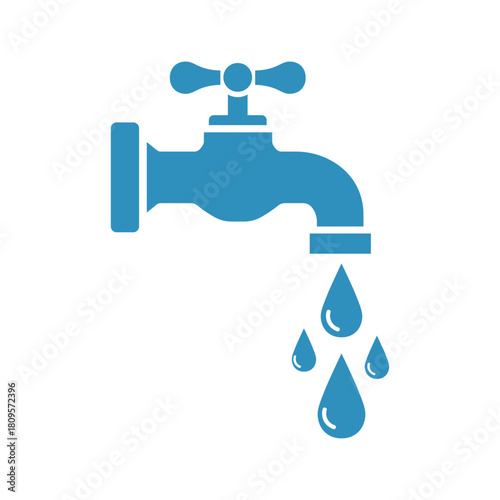 Water Tap Icon with Droplets - Blue Vector Plumbing and Water Saving Symbol