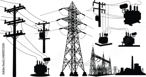 Vector silhouette collection of electric power lines, transmission towers, transformers, and industrial power plants for energy distribution grid.