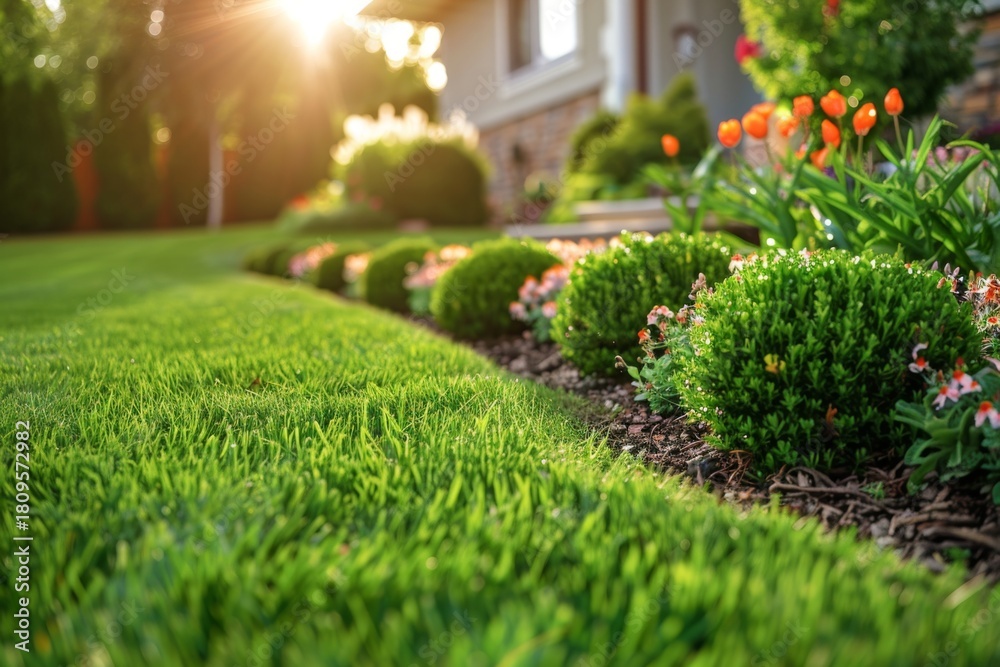 Fototapeta premium Beautiful garden with vibrant flowers and lush grass