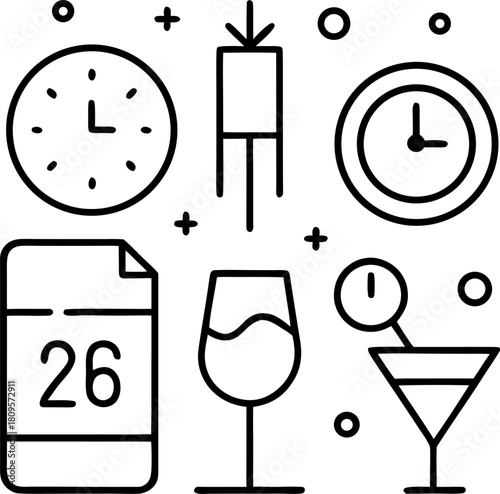 Clean line icons fireworks champagne  calendar vector on white background 