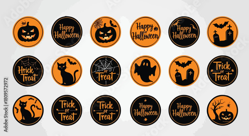 Spooky Halloween circle stickers for party decorations and festive crafts with pumpkins, black cats, bats, and ghosts for a fun celebration