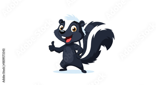 A cheerful and confident cartoon skunk character stands on two feet and gives a positive thumbs-up gesture.