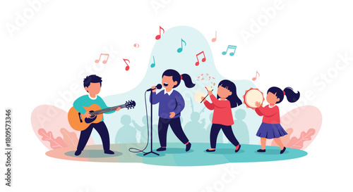 A children's band with a boy on guitar and girls singing and playing percussion performs for an audience on stage.