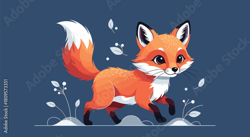 An adorable baby red fox with a big bushy tail trots through a wintery landscape with delicate plant illustrations.