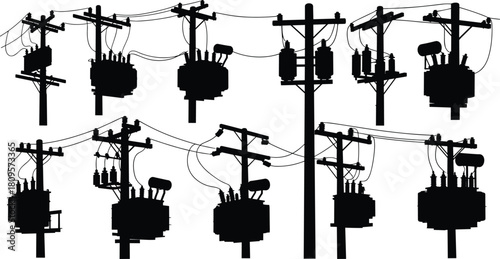 Vector silhouette collection of electric utility poles with transformers and overhead power lines for energy distribution infrastructure.