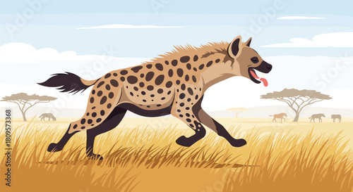 A powerful spotted hyena runs with its tongue out across the golden grassy plains of the African savanna landscape.
