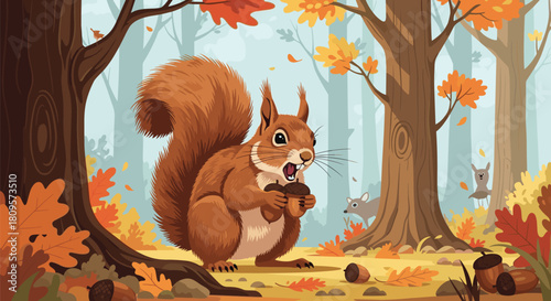 Adorable cartoon squirrel with a fluffy tail sits in a beautiful autumn forest holding an acorn surrounded by fall foliage.