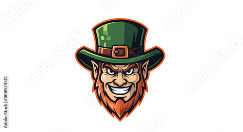Sinister leprechaun mascot with a wicked grin and angry eyes wears a green top hat for a sports team logo design.