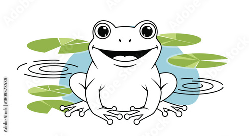 Simple black and white line drawing of a happy smiling frog sitting on a lily pad in a pond for a coloring book page.
