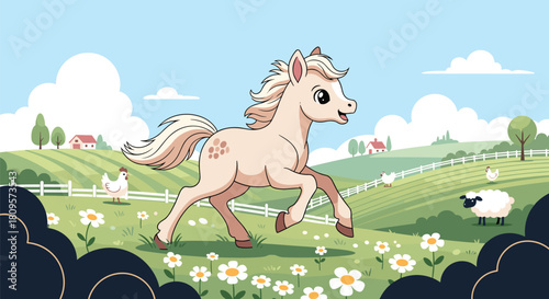 Happy young pony with a flowing mane gallops joyfully through a field of daisies on a beautiful sunny farm landscape.