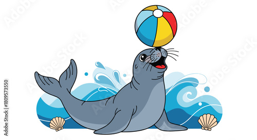 Playful cartoon sea lion balances a colorful beach ball on its nose while splashing in blue ocean waves with seashells.