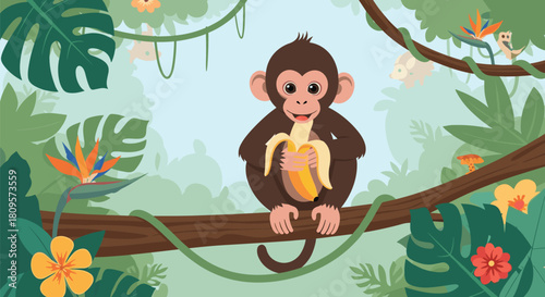 Cute cartoon monkey sits on a jungle vine peeling and eating a yellow banana surrounded by lush tropical foliage and flowers.